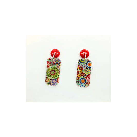Whimsical Red and Green Rectangle Dangle with Red Button Stud Earrings for Festive Outfits