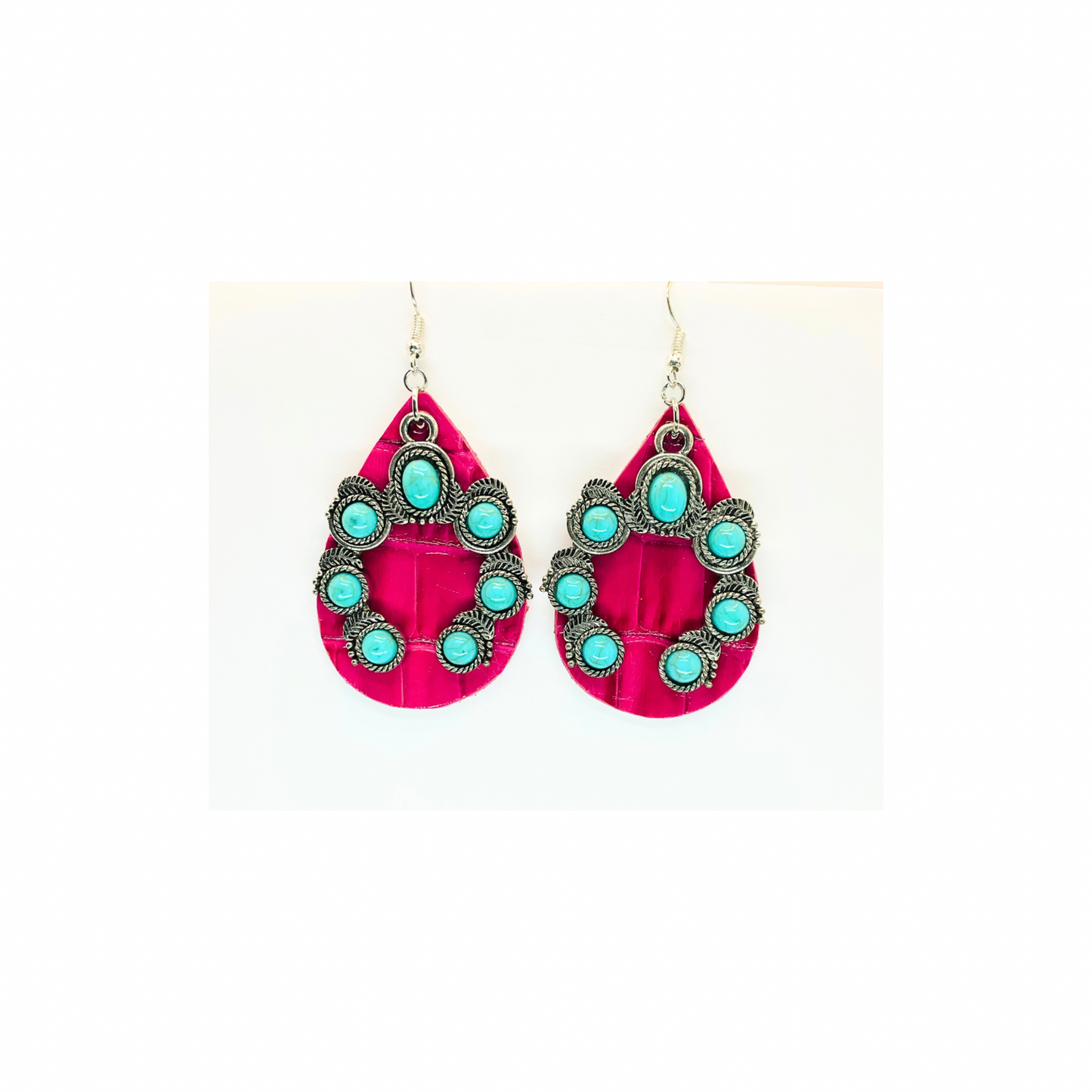 Hot Pink Leather Teardrop with Horseshoe Turquoise Shaped Charm Earrings-Crafting By BB
