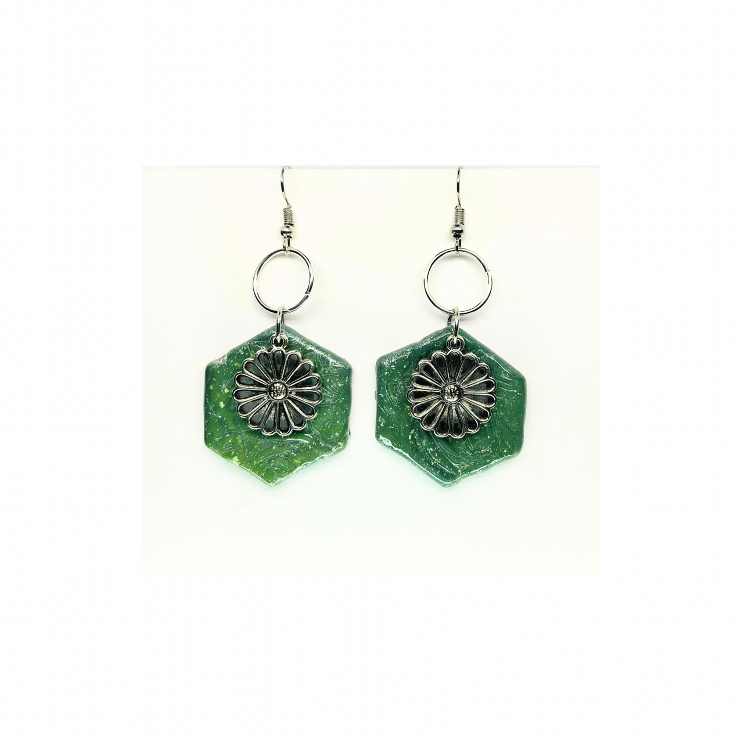 Jade Green Color Hexagon Shaped with Silver Flower Charm Dangle Earrings for Female Jewelry Accessories