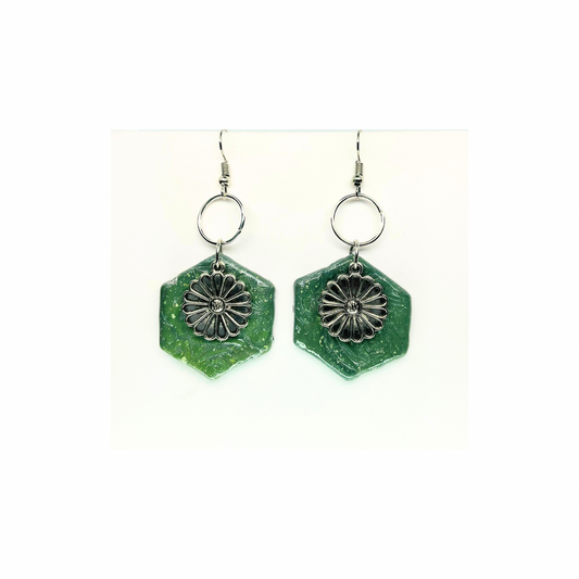 Jade Green Color Hexagon Shaped with Silver Flower Charm Dangle Earrings for Female Jewelry Accessories