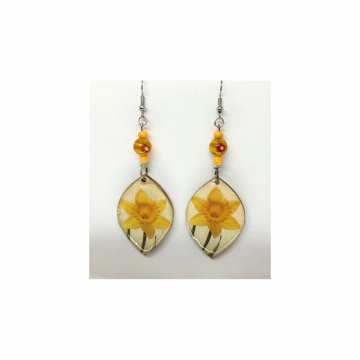 Yellow Flower Wood Dangle with Bead Embellishment Earrings-Crafting By BB