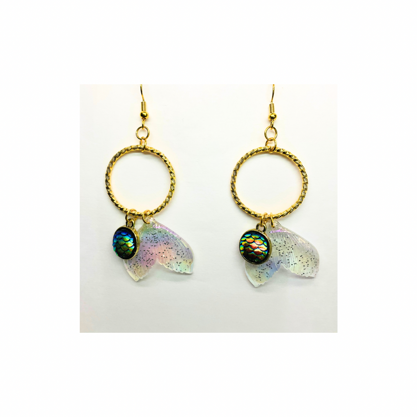 Mermaid Collection Iridescent Tail with Charm Dangle Earrings Sparkling Gold Hoop Design for Fantasy Enthusiasts
