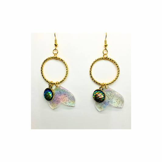 Mermaid Collection Iridescent Tail with Charm Dangle Earrings Sparkling Gold Hoop Design for Fantasy Enthusiasts
