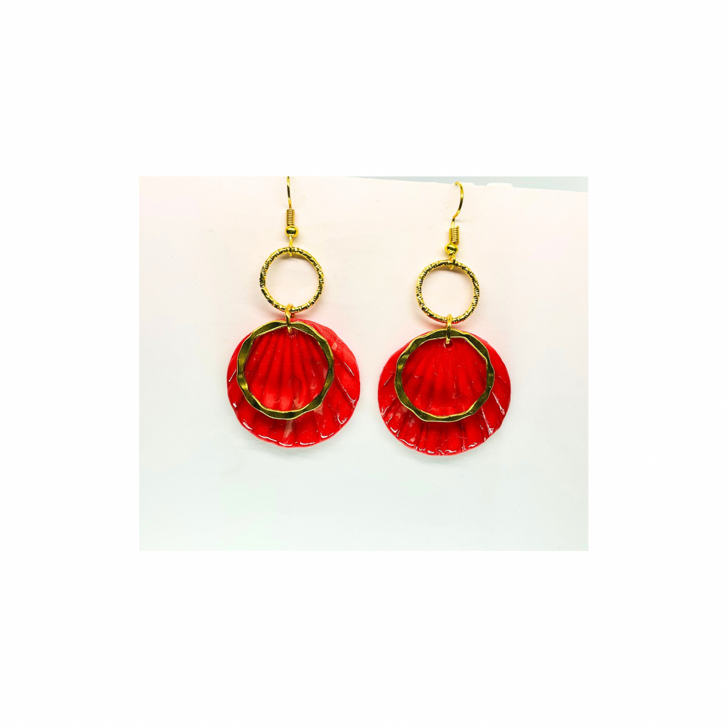 Christmas in July Collection Round with Gold Round Accent Dangle Earrings Red Translucent Design