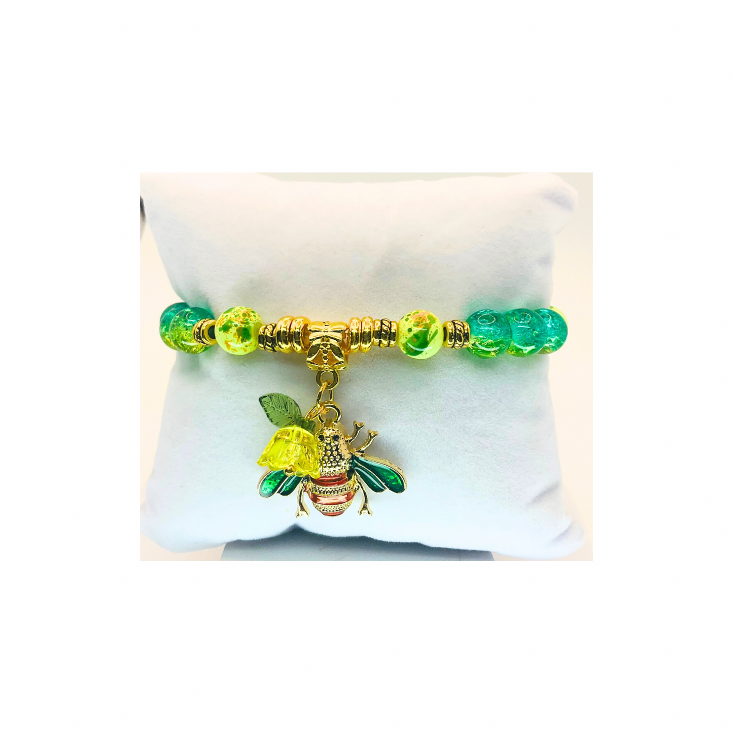 Green Crystal and Gold Beaded Bracelet with Bee Charm-Crafting By BB
