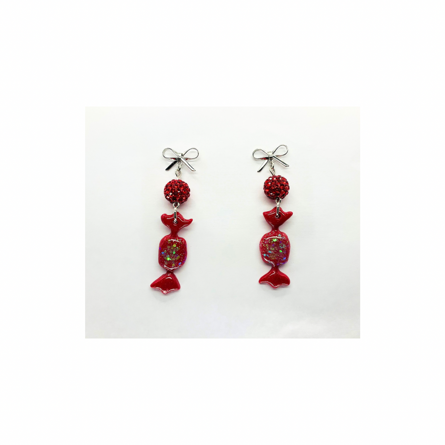 Red Wrapped Candy Earrings with Sparkle Beads and Silver Bow Studs Dangle Design for Festive Wear