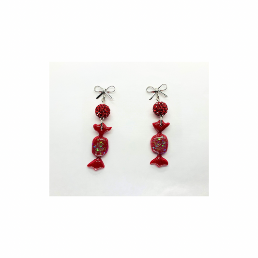 Red Wrapped Candy Earrings with Sparkle Beads and Silver Bow Studs Dangle Design for Festive Wear