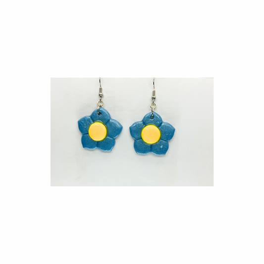 Blue Yellow Flower Dangle Earrings Handmade Polymer Clay with Silver Earwire Unique One-of-a-Kind Jewelry