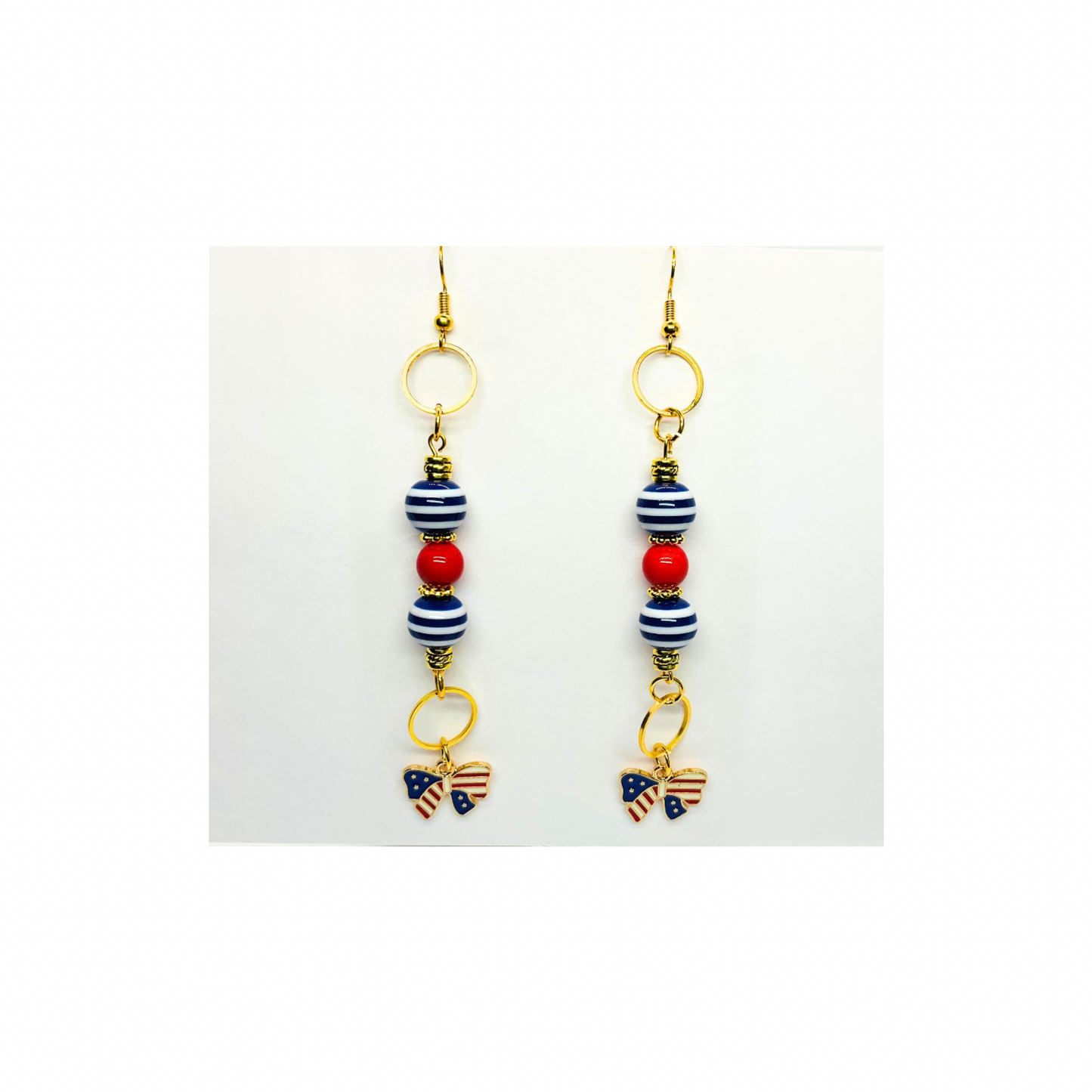 Patriotic Collection Long Beads with Bow Charm Dangle Earrings Red White Blue Striped Beads Gold Accents