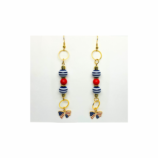 Patriotic Collection Long Beads with Bow Charm Dangle Earrings Red White Blue Striped Beads Gold Accents