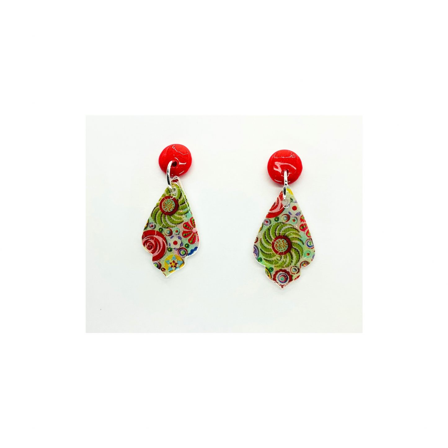 Whimsical Red and Green Teardrop with Red Button Stud Dangle Earrings for Festive Outfits
