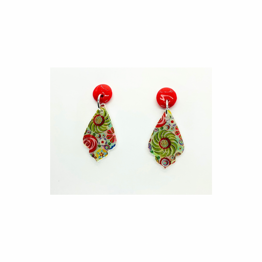 Whimsical Red and Green Teardrop with Red Button Stud Dangle Earrings for Festive Outfits