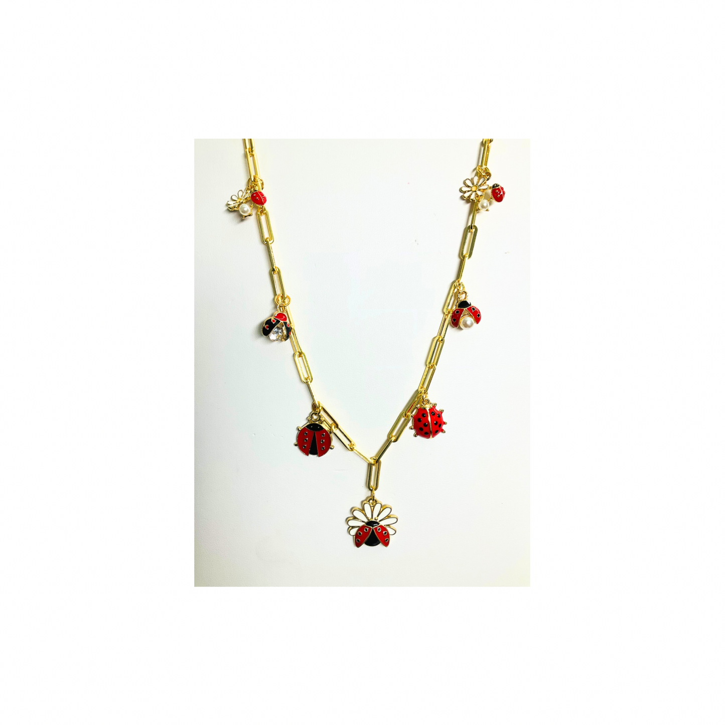 Gold Paperclip Chain Ladybug 18-inch Charm Necklace with Red Beads and Floral Accents for Women