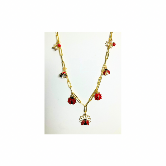 Gold Paperclip Chain Ladybug 18-inch Charm Necklace with Red Beads and Floral Accents for Women