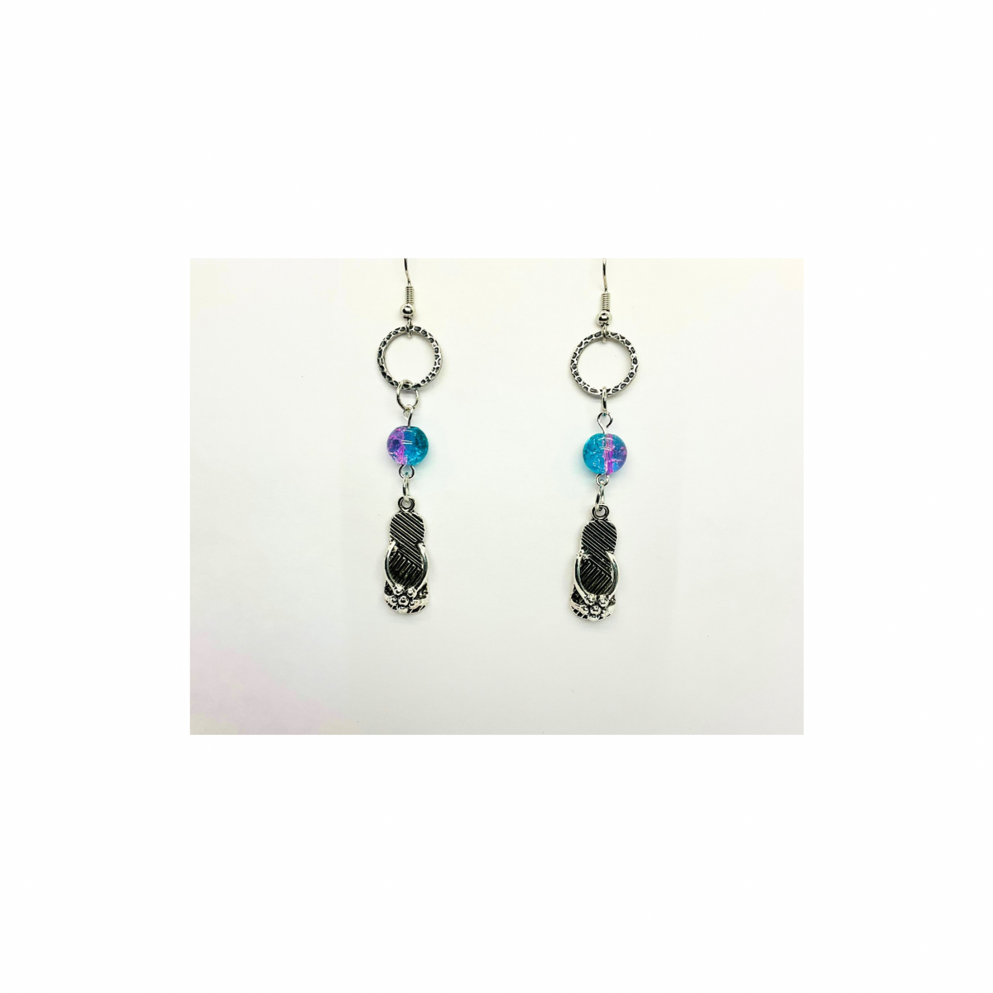 Ocean Collection Silver Flip Flops with Crystal Ocean Bead Dangle Earring - Unique Design Earrings