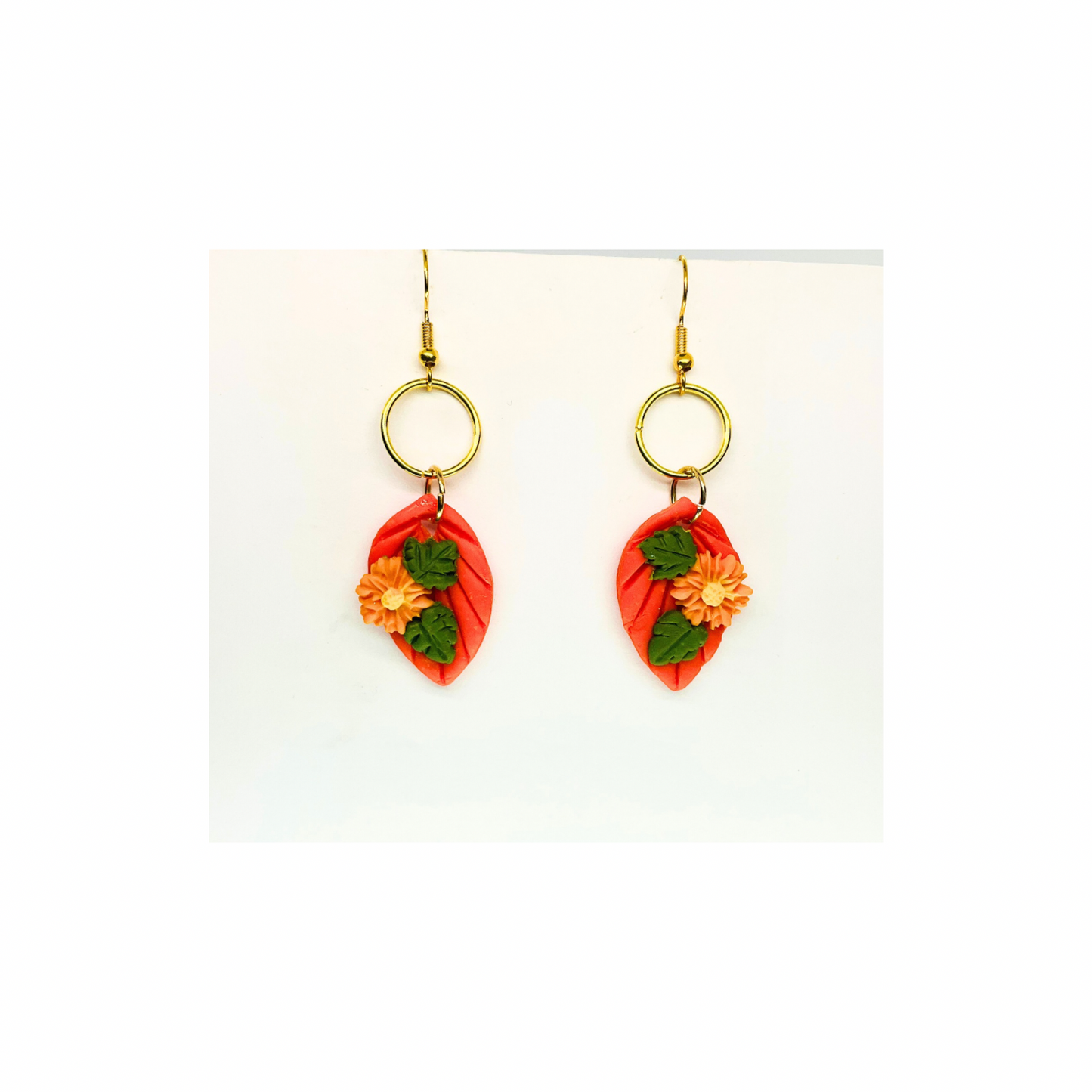 Fall Collection Orange Leaf with Floral Dangle Earrings - Unique Design with Green Leaves and Floral Accents