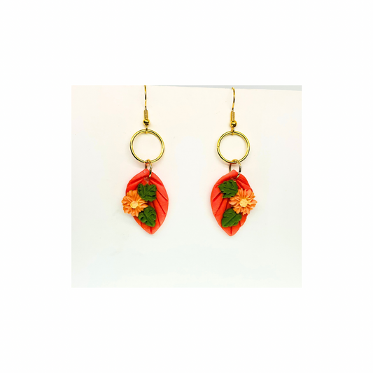 Fall Collection Orange Leaf with Floral Dangle Earrings - Unique Design with Green Leaves and Floral Accents