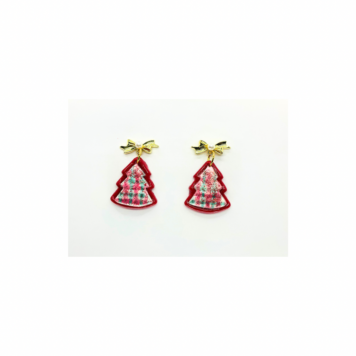 Sparkly Red Plaid Tree Dangle Earrings with Gold Bow Studs