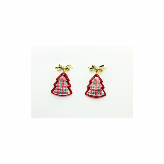 Sparkly Red Plaid Tree Dangle Earrings with Gold Bow Studs