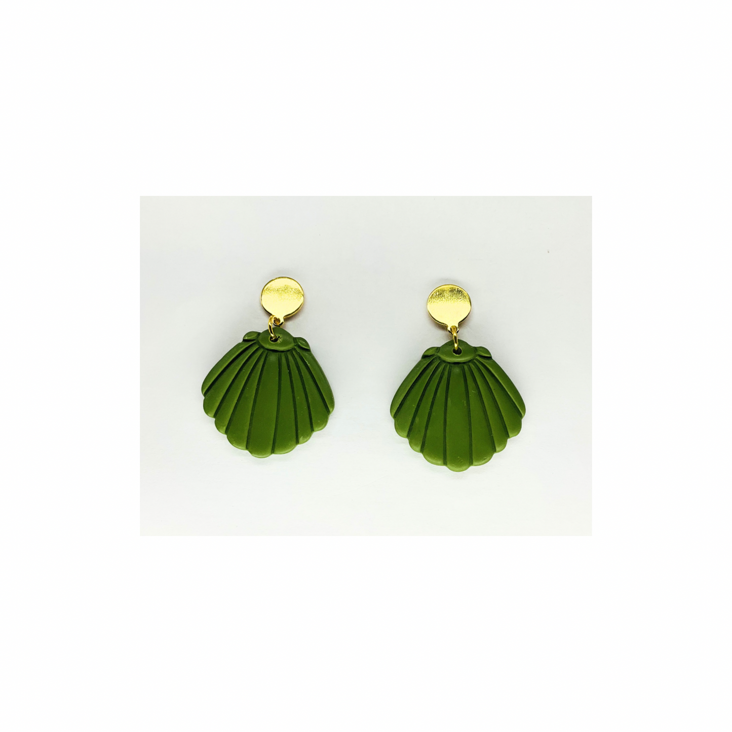 Olive Green Shell Dangle with Gold Button Stud Earrings-Crafting By BB