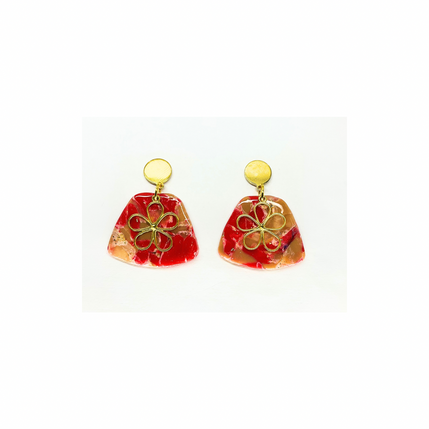 Red and Tan Dangle with Gold Charm and Gold Button Stud Earrings-Crafting By BB