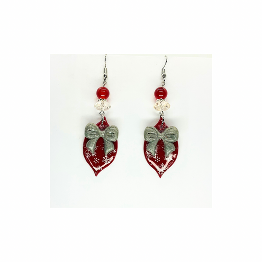 Red Ornament with Silver Bow Embellished with Beads Dangle Earring for Festive Wear