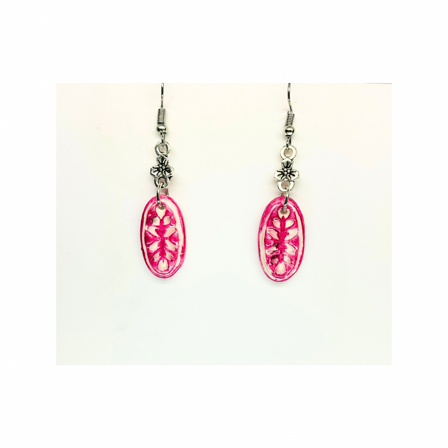 French Garden Collection Pink Oval with Silver Flower Dangle Earring for Women