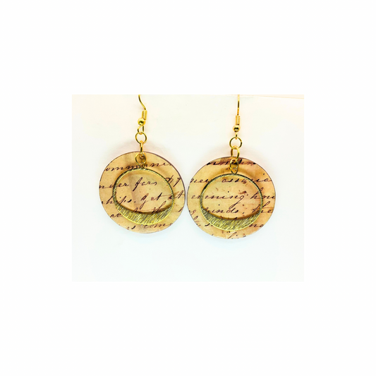 Dangle Earrings Round Wood with Tarnished Gold Circle Embellishment