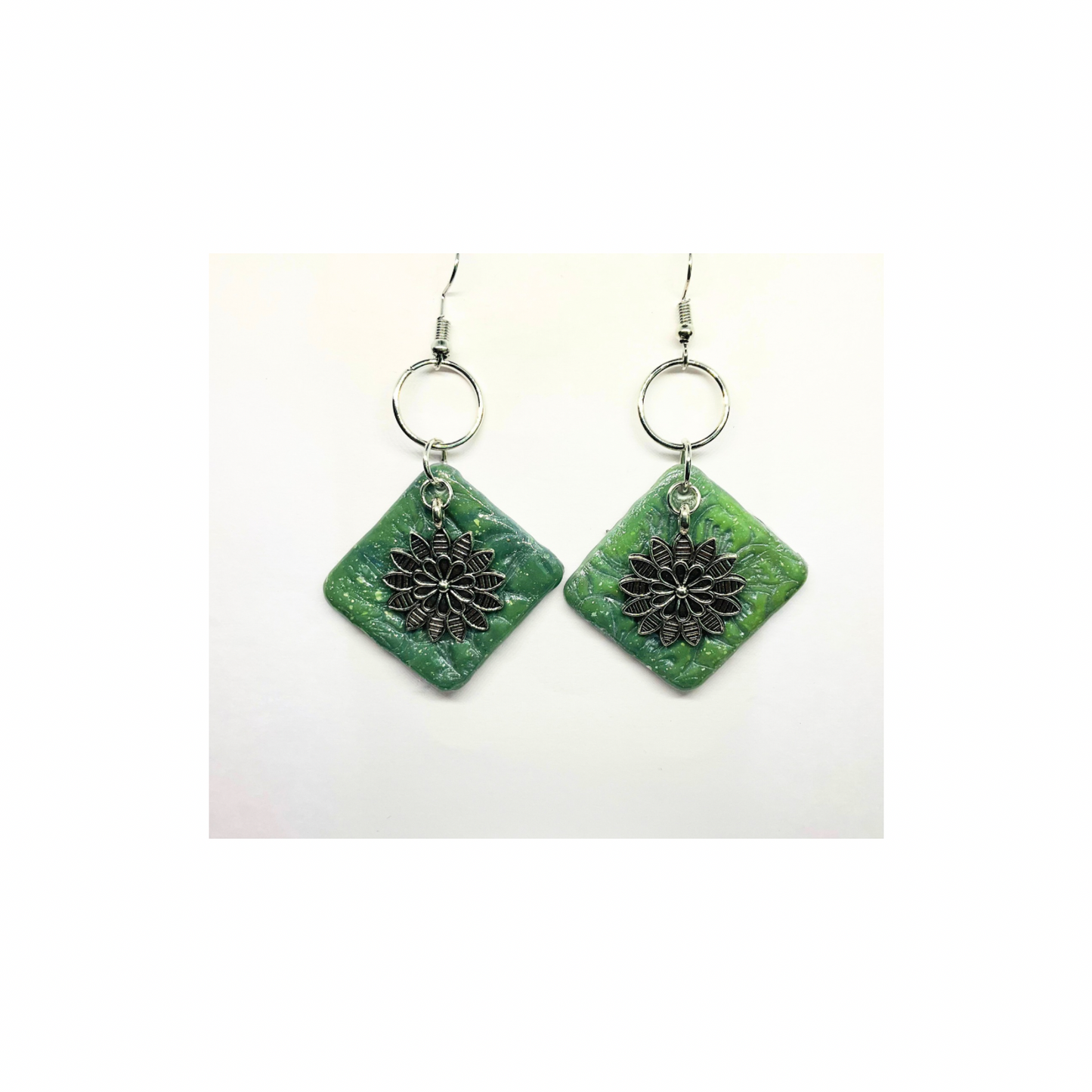 Jade Green Color Square with Silver Flower Charm Dangle Earrings Unique Design Jewelry Accessory for Female