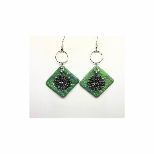 Jade Green Color Square with Silver Flower Charm Dangle Earrings Unique Design Jewelry Accessory for Female