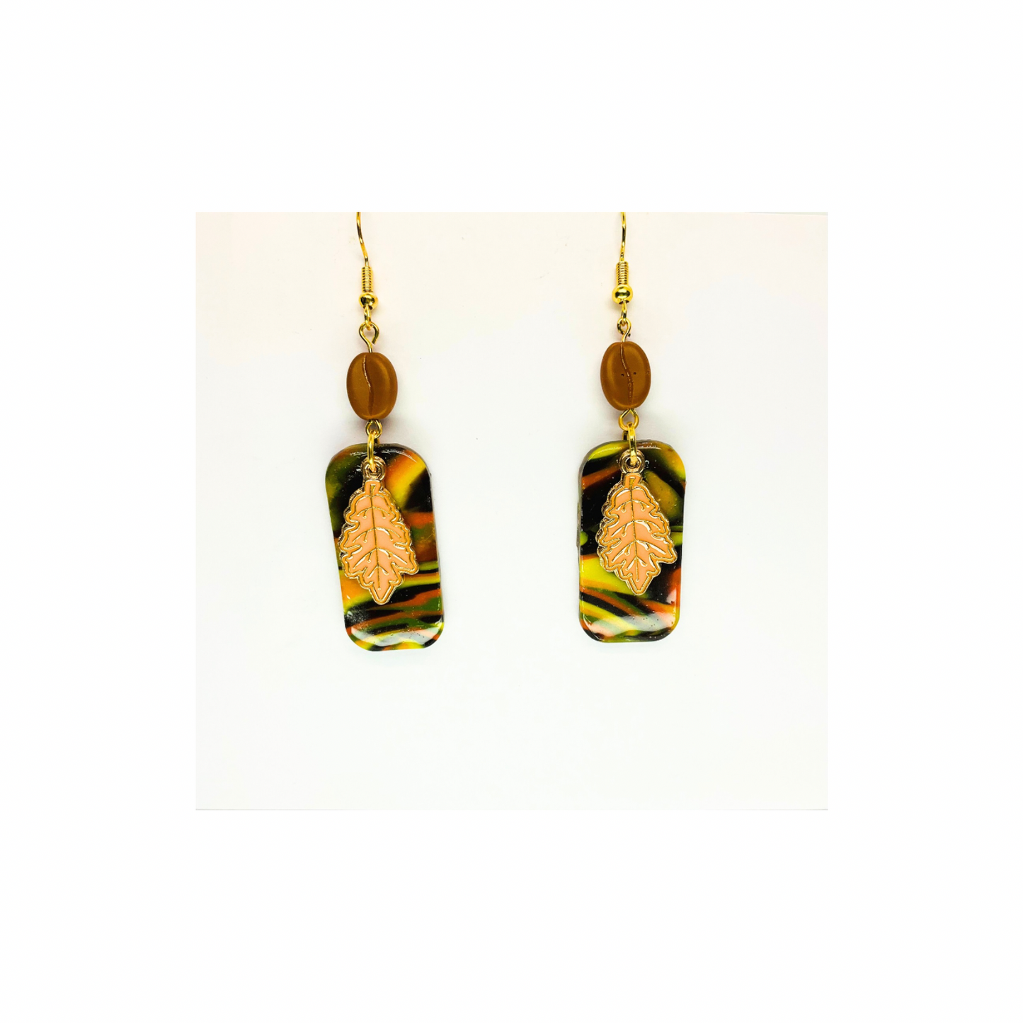 Fall Collection Rectangle with Yellow Gold Leaf Charm Dangle Earring - Unique Design Earrings