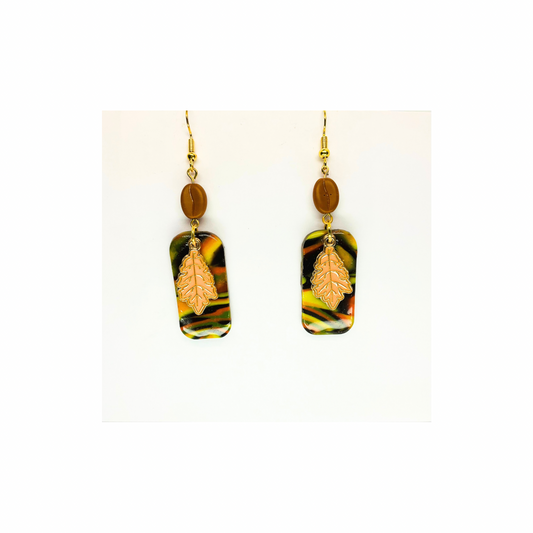 Fall Collection Rectangle with Yellow Gold Leaf Charm Dangle Earring - Unique Design Earrings