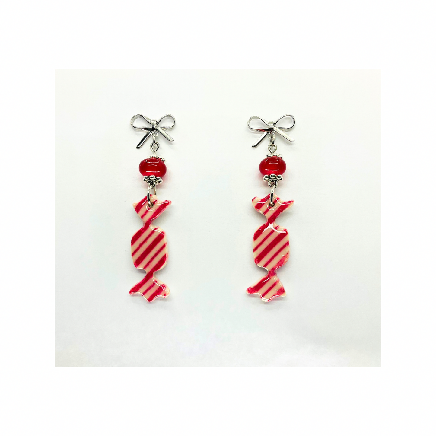 Wrapped Red Striped Candy Dangle with Red Bead and Silver Stud Earrings