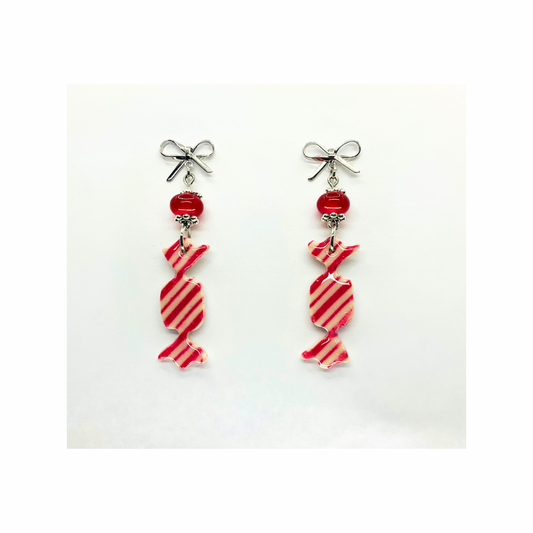 Wrapped Red Striped Candy Dangle with Red Bead and Silver Stud Earrings