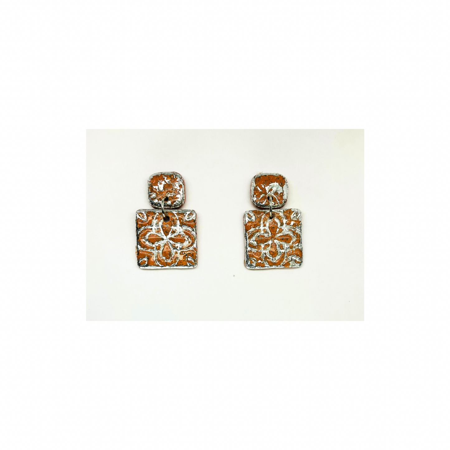 Terracotta Tile Stud Earrings for Women - Square Design with Orange and Silver Patterns Elegant Everyday Wear Jewelry