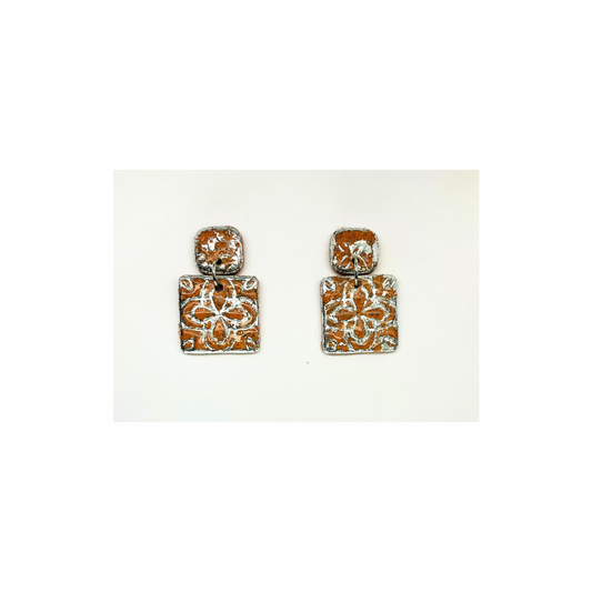 Terracotta Tile Stud Earrings for Women - Square Design with Orange and Silver Patterns Elegant Everyday Wear Jewelry