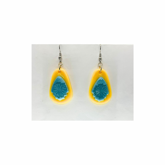 Yellow and Blue Dangle Earring Handmade Polymer Clay with UV Resin and Silver Ear Wire Unique Layered Design