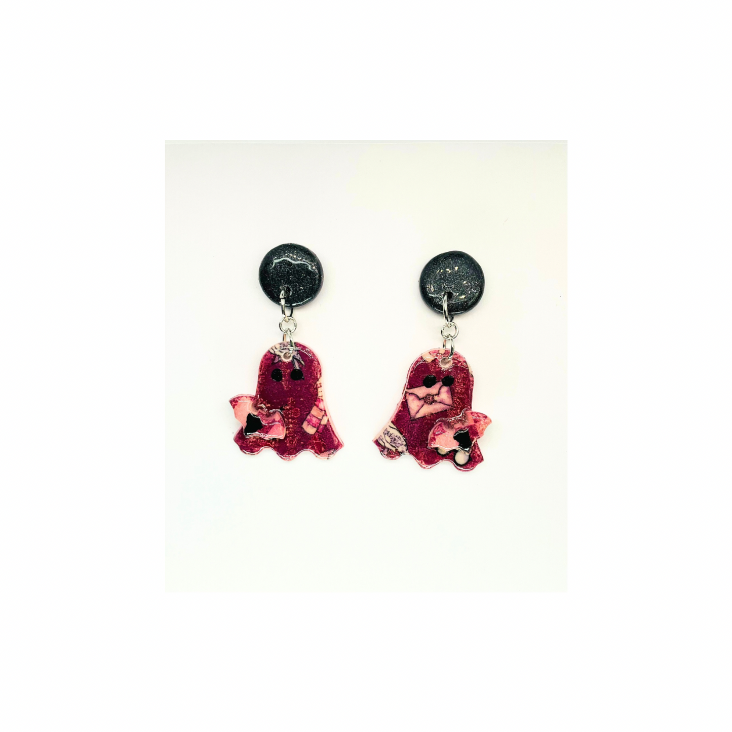 Wizard Collection Ghost Dangle with Bat Stud Earrings for Female - Pink Design with Bat