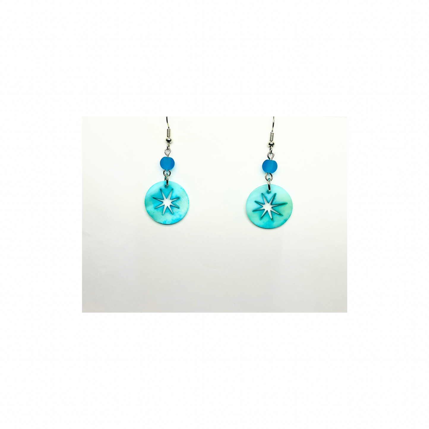 Ocean Collection Flat Round Capiz Star Shell Dangle Earring with Turquoise Color and Blue Accent Bead for Female