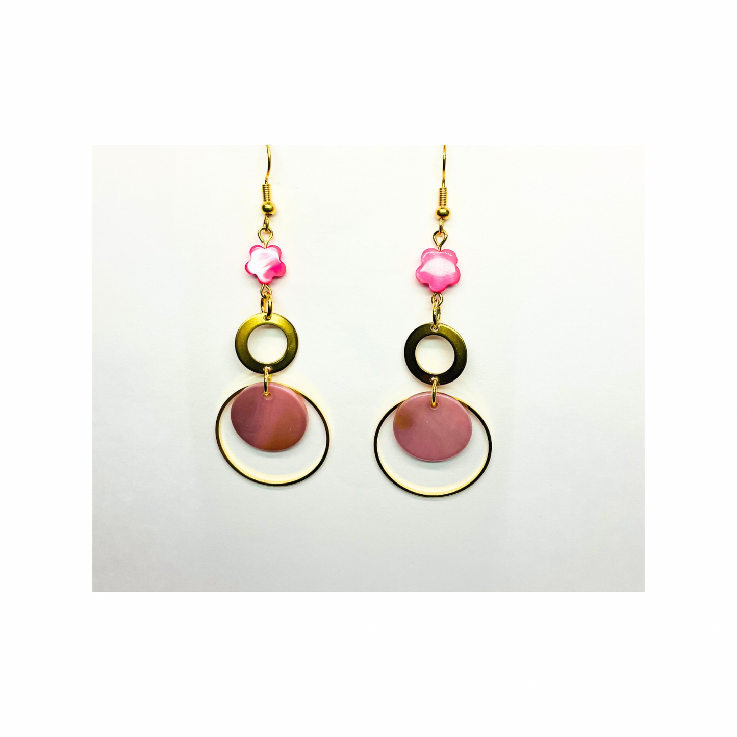 Pink Shell Collection Pink Circle with Gold and a Pink Bead Dangle Earrings for Female Fashion Jewelry