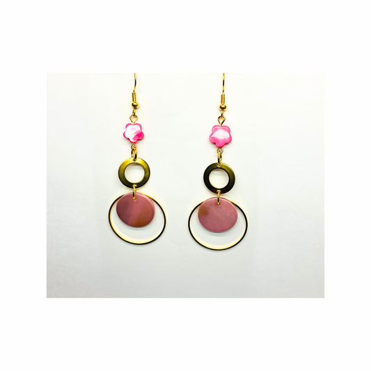 Pink Shell Collection Pink Circle with Gold and a Pink Bead Dangle Earrings for Female Fashion Jewelry