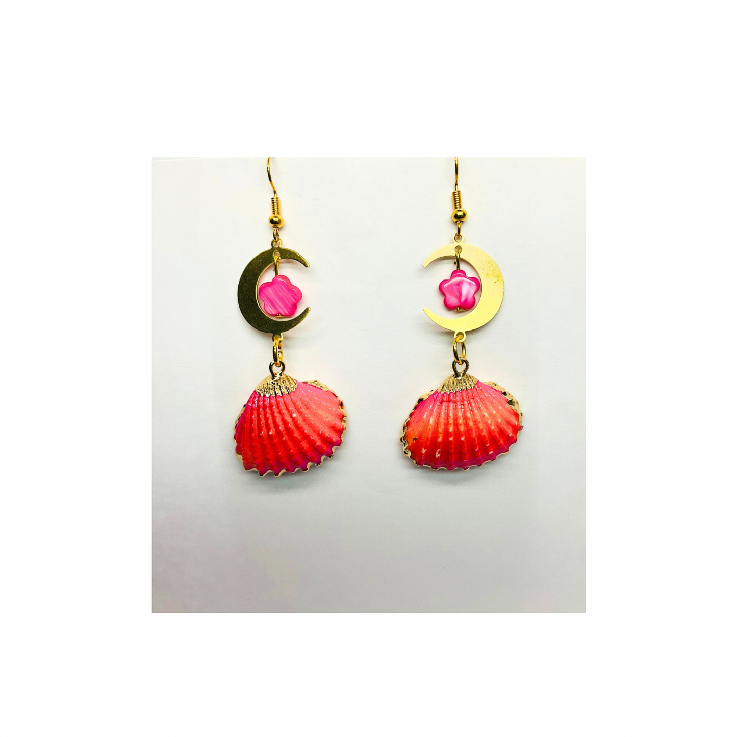 Pink Shell Collection Pink and Orange Shell with Gold Half-Moon Dangle Earrings for Women Elegant Design Versatile Appeal