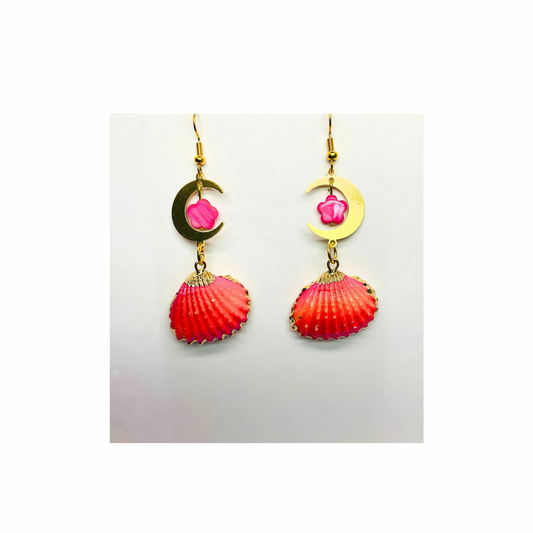 Pink Shell Collection Pink and Orange Shell with Gold Half-Moon Dangle Earrings for Women Elegant Design Versatile Appeal