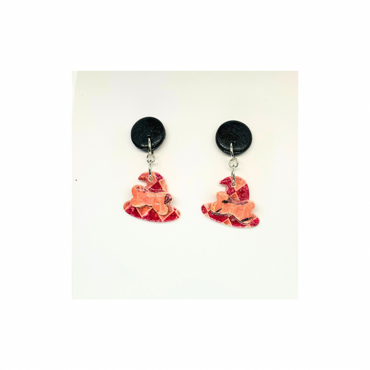 Wizard Collection Check Witch Hat with Bow Stud Earrings for Female - Black & Pink Design