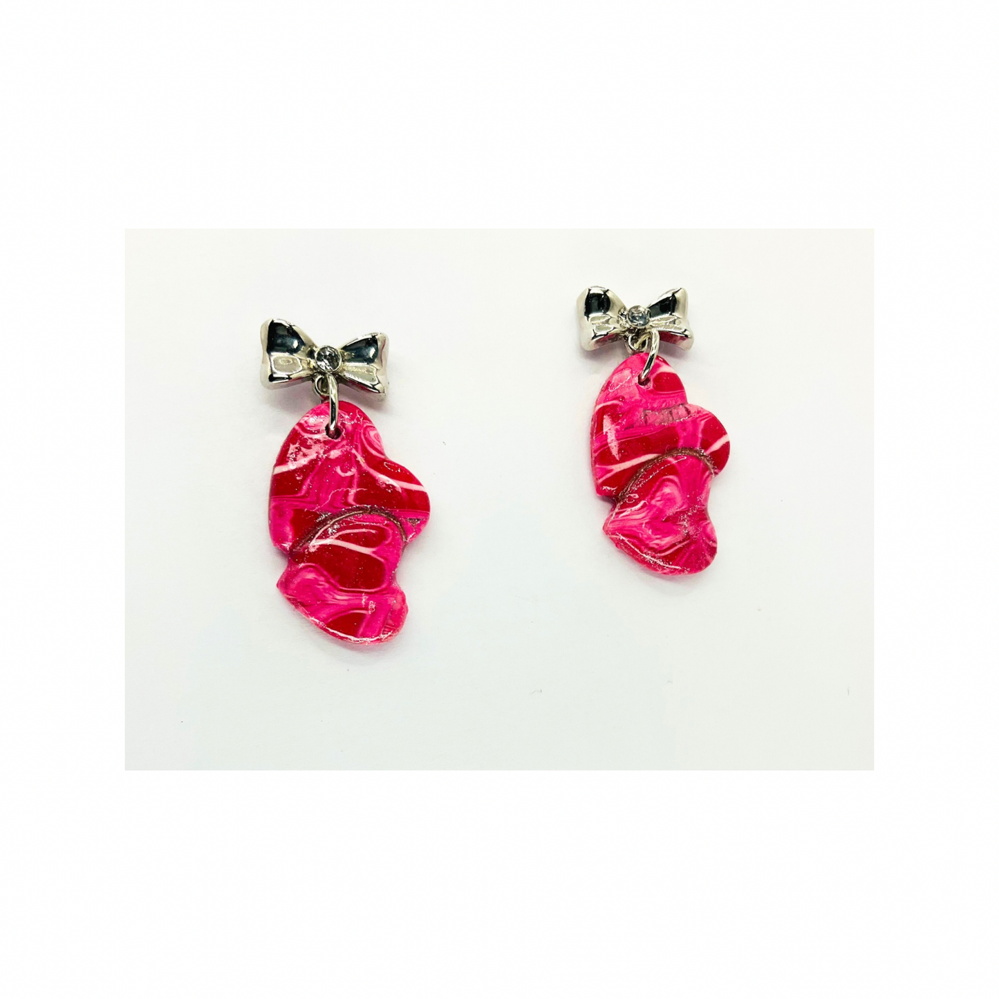 Pink Marble Double Heart Dangle &amp; Silver Heart Studs
