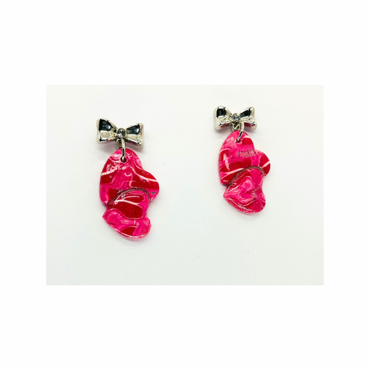 Pink Marble Double Heart Dangle &amp; Silver Heart Studs