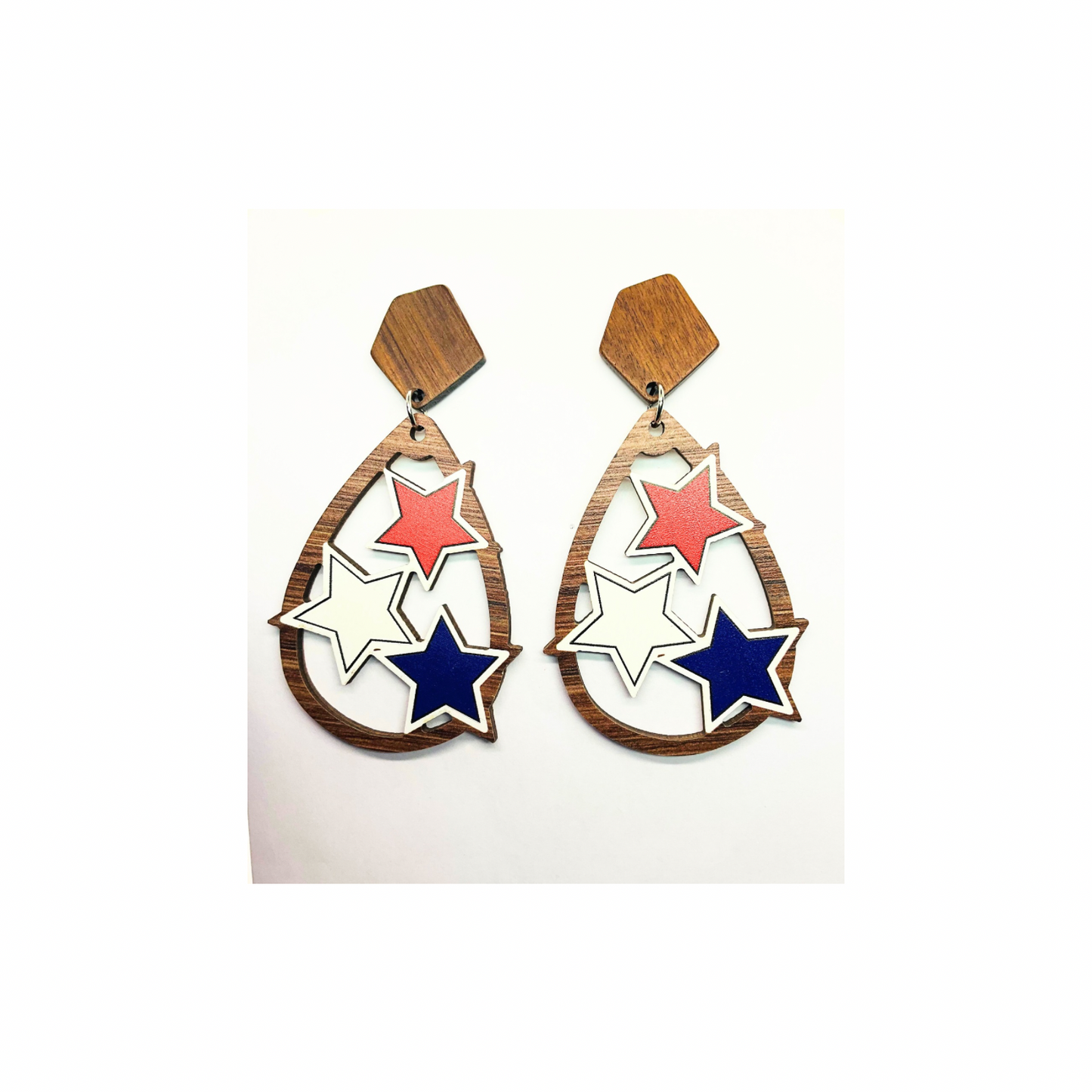 Patriotic Collection Red White Blue Wood Star Teardrop Dangle Earrings for Female Patriotic Jewelry