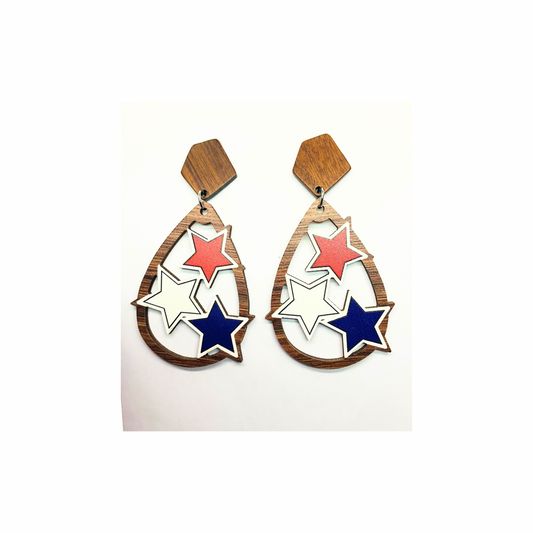 Patriotic Collection Red White Blue Wood Star Teardrop Dangle Earrings for Female Patriotic Jewelry