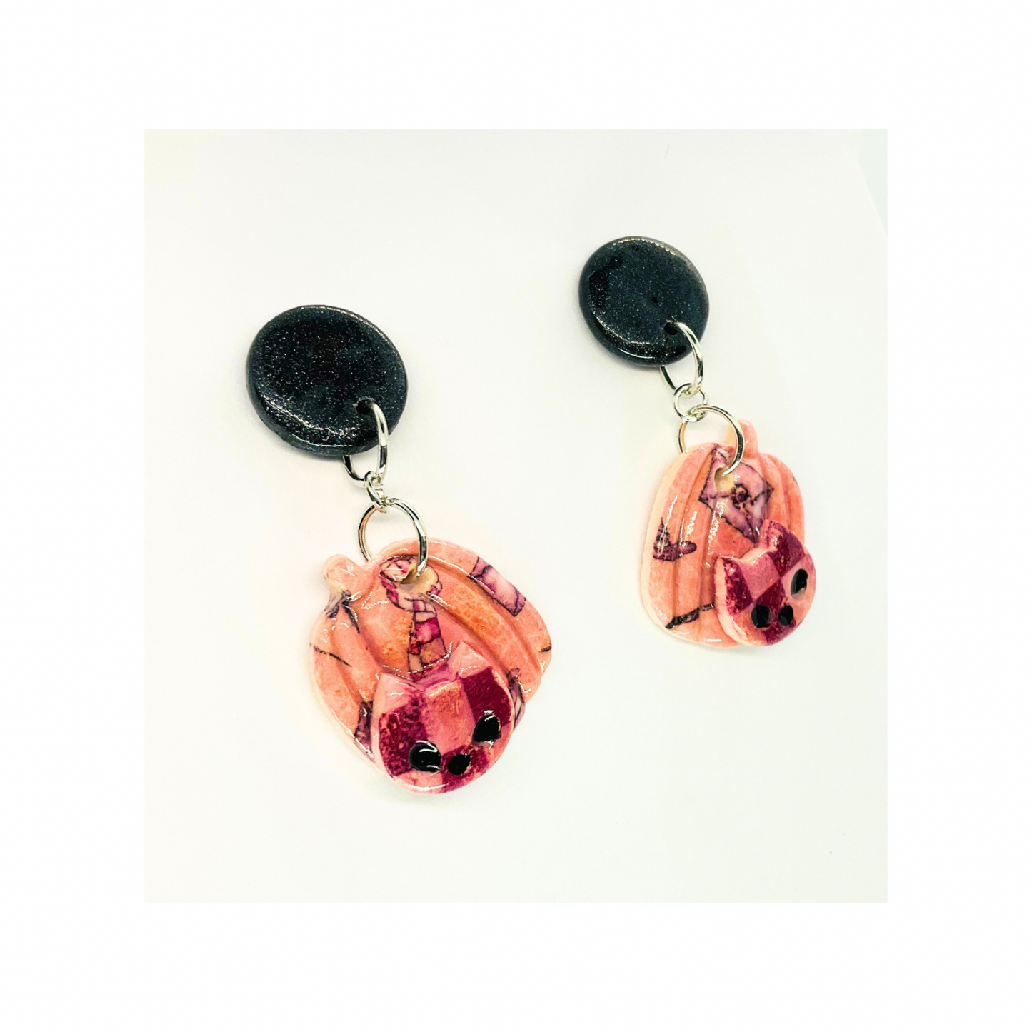 Wizard Collection Pumpkin with Cat Pink Dangle Earrings - Unique Design with Cat Accent