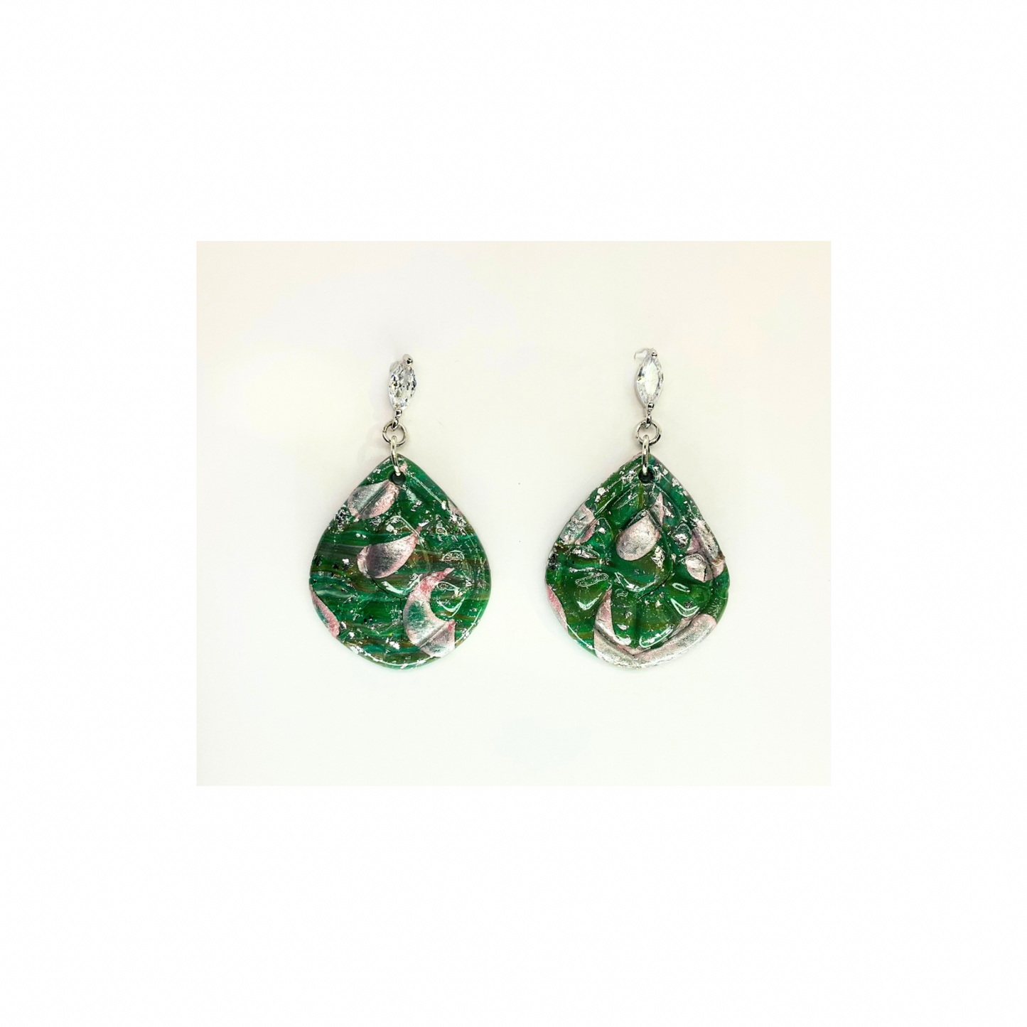 Green Silver Sparkle with Pearl Pink on Rhinestone Stud Dangle Earring for Adults Sparkly Teardrop Design